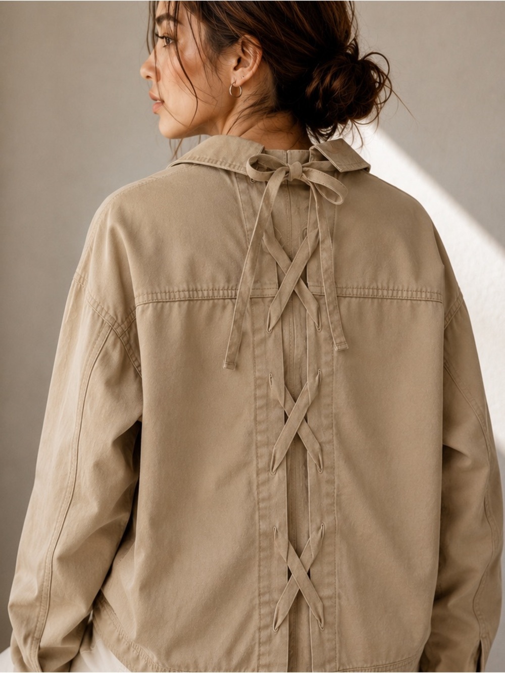 Japanese Minimalist Tie Back Utility Jacket Beige Cotton Shacket M / L
